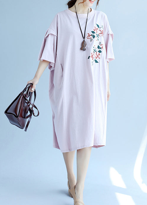 Classy pink linen dress Fashion Shirts o neck embroidery Robe Summer Dresses