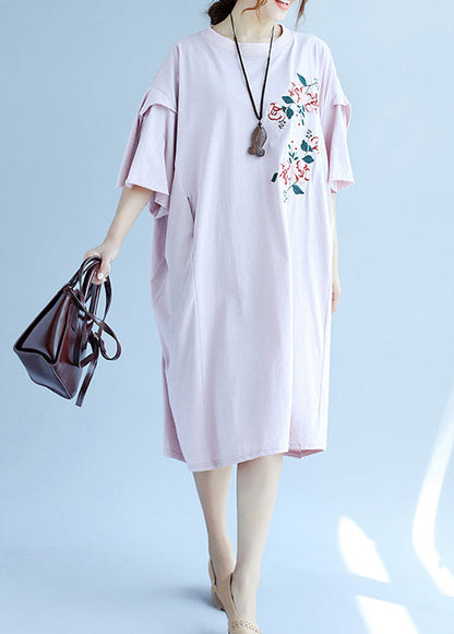Classy pink linen dress Fashion Shirts o neck embroidery Robe Summer Dresses