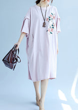Load image into Gallery viewer, Classy pink linen dress Fashion Shirts o neck embroidery Robe Summer Dresses