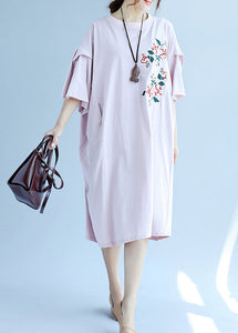 Classy pink linen dress Fashion Shirts o neck embroidery Robe Summer Dresses