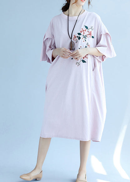 Classy pink linen dress Fashion Shirts o neck embroidery Robe Summer Dresses