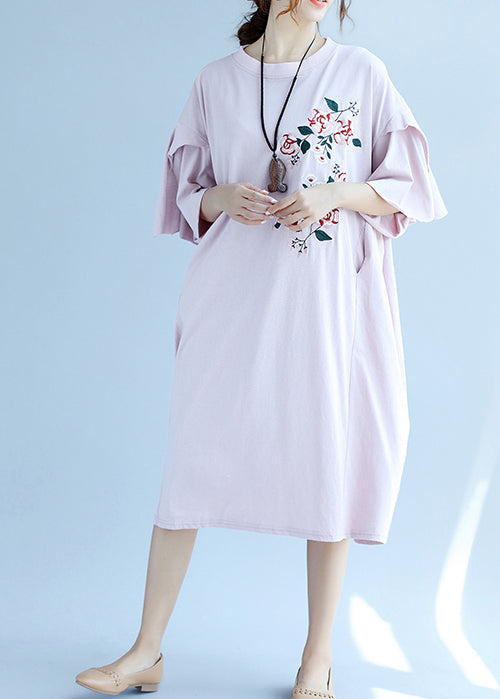 Classy pink linen dress Fashion Shirts o neck embroidery Robe Summer Dresses