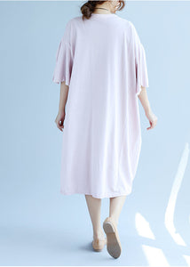 Classy pink linen dress Fashion Shirts o neck embroidery Robe Summer Dresses