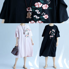 Load image into Gallery viewer, Classy pink linen dress Fashion Shirts o neck embroidery Robe Summer Dresses