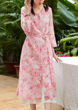 Load image into Gallery viewer, Classy pink print linen clothes v neck tie waist Maxi summer Dress