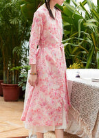 Classy pink print linen clothes v neck tie waist Maxi summer Dress