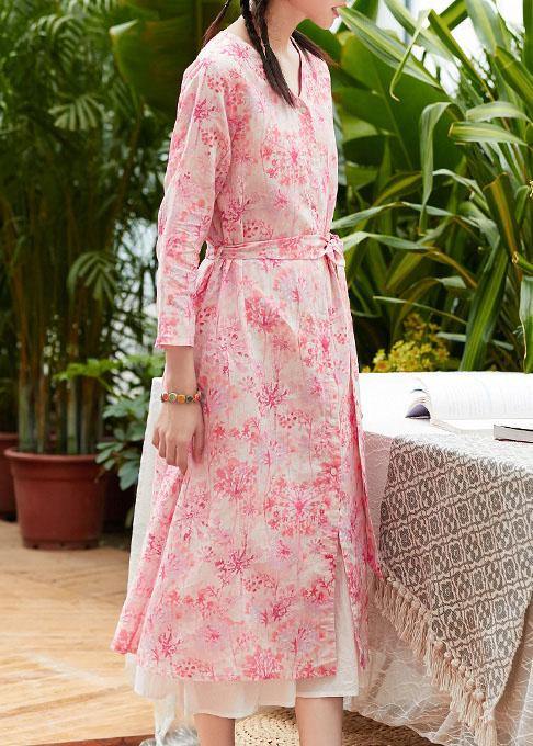 Classy pink print linen clothes v neck tie waist Maxi summer Dress