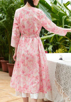 Classy pink print linen clothes v neck tie waist Maxi summer Dress