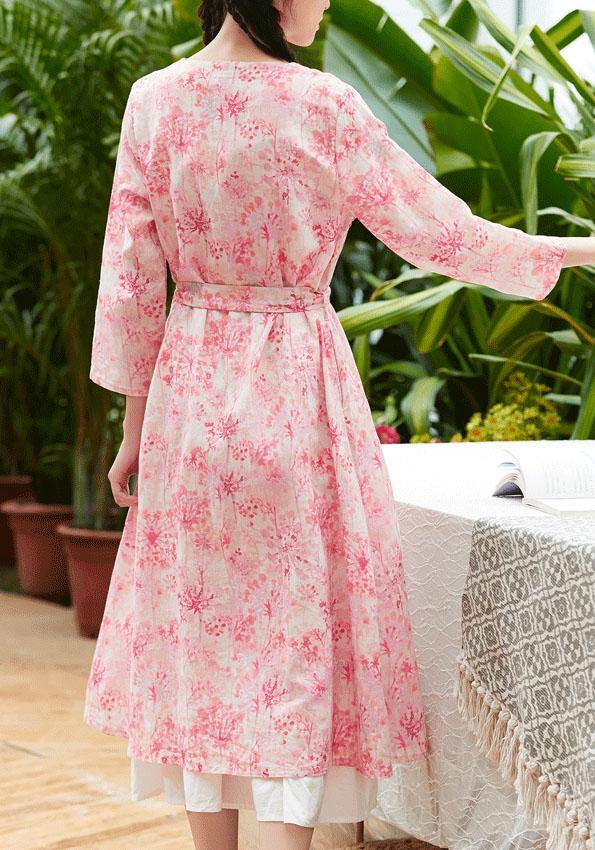Classy pink print linen clothes v neck tie waist Maxi summer Dress