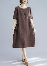 Load image into Gallery viewer, Coffee Patchwork Cotton Dress O Neck Wrinkled Short Sleeve