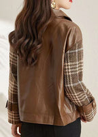Coffee Patchwork Faux Leather Jackets Peter Pan Collar Zippered Fall