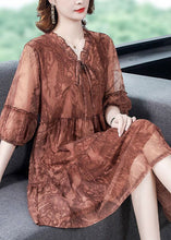Load image into Gallery viewer, Chocolate Patchwork Tulle Dress Ruffled Lace Up Summer