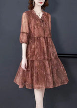 Load image into Gallery viewer, Chocolate Patchwork Tulle Dress Ruffled Lace Up Summer