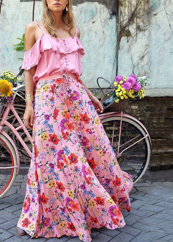 Colorful Floral Print Big Swing Elastic Waist Holiday Casual Long Skirt For Women