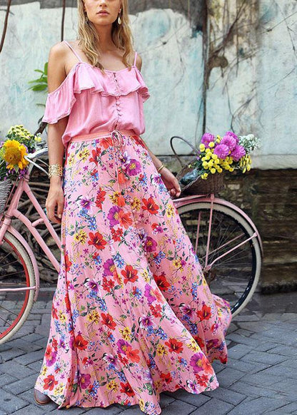 Colorful Floral Print Big Swing Elastic Waist Holiday Casual Long Skirt For Women