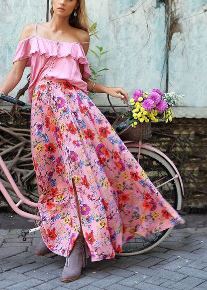 Colorful Floral Print Big Swing Elastic Waist Holiday Casual Long Skirt For Women