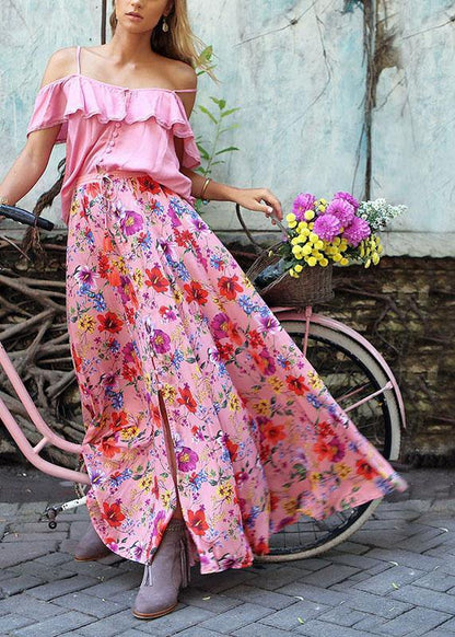 Colorful Floral Print Big Swing Elastic Waist Holiday Casual Long Skirt For Women