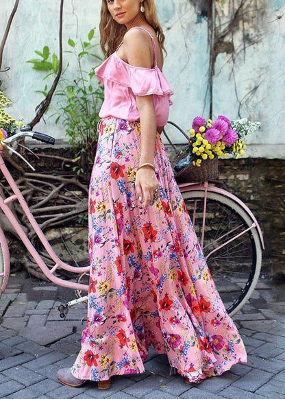 Colorful Floral Print Big Swing Elastic Waist Holiday Casual Long Skirt For Women
