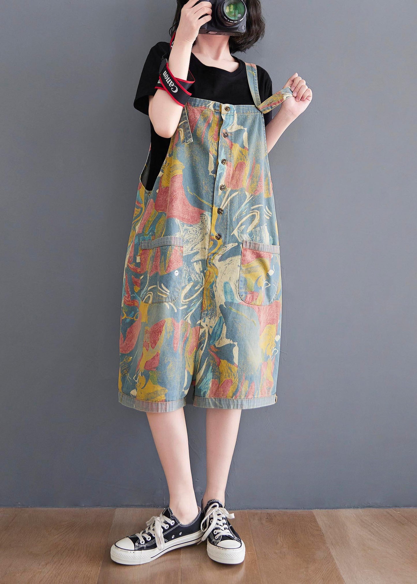 Comfy Light Blue Print Pockets Jumpsuit Shorts Summer