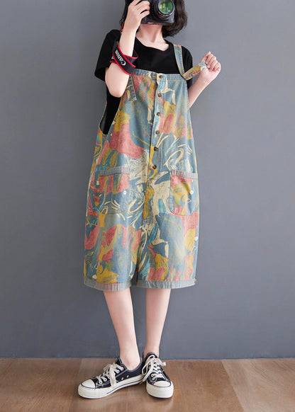 Comfy Light Blue Print Pockets Jumpsuit Shorts Summer