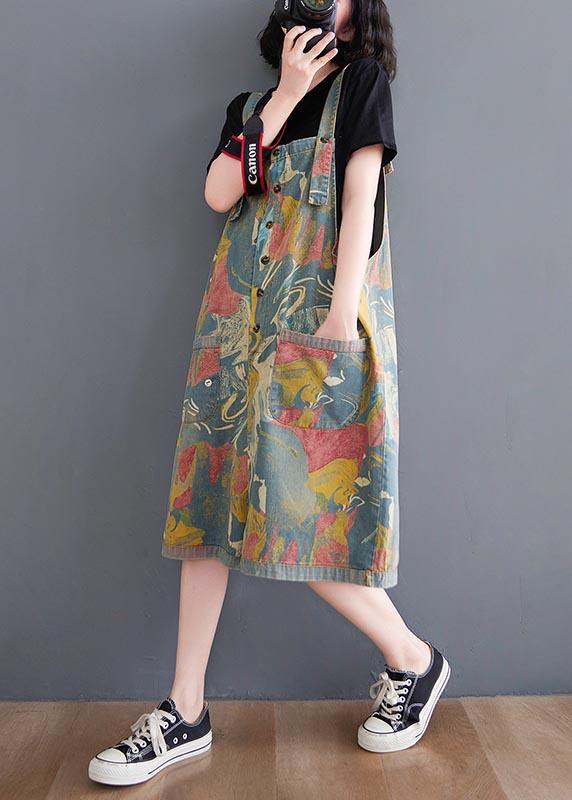 Comfy Light Blue Print Pockets Jumpsuit Shorts Summer