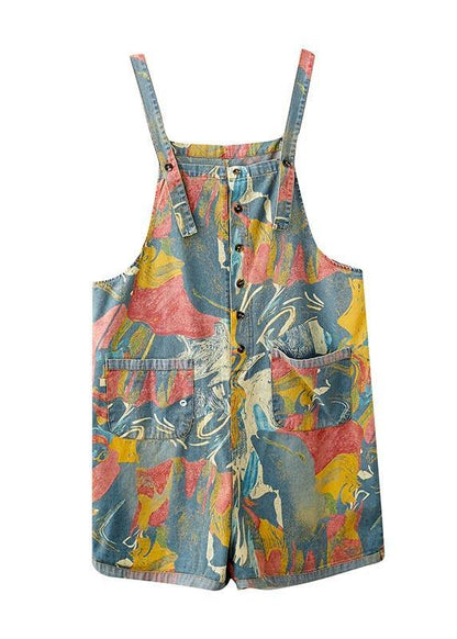 Comfy Light Blue Print Pockets Jumpsuit Shorts Summer