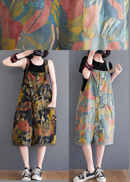 Comfy Light Blue Print Pockets Jumpsuit Shorts Summer