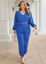 Load image into Gallery viewer, Cozy Blue V Neck Tops And Pants Patchwork Cotton Two Pieces Set Fall