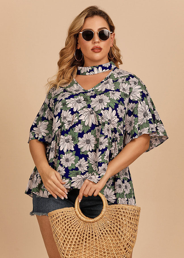Cozy Green V Neck Print Patchwork Loose Cotton Top Butterfly Sleeve