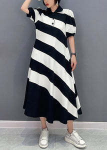 Cute Black White Striped Peter Pan Collar Patchwork Long Dress Short Sleeve