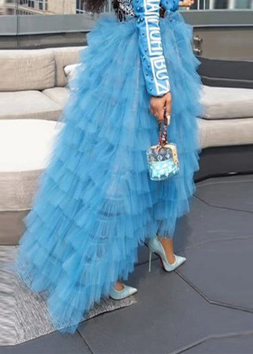 Cute Blue Asymmetrical High Waist Patchwork Tulle Skirt Summer