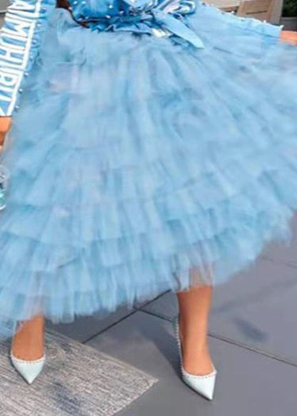 Cute Blue Asymmetrical High Waist Patchwork Tulle Skirt Summer
