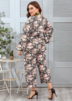 Cute Peter Pan Collar Print Lace Patchwork Straight Jumpsuit Long Sleeve