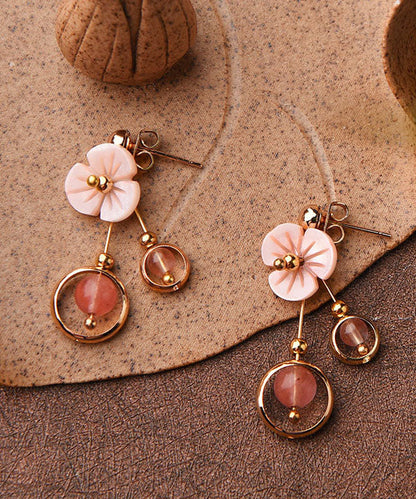 Cute Pink Crystal Shellfish Flower 14K Gold Drop Earrings