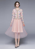 Cute Pink O-Neck Print Tulle Two Piece Suit Set Fall
