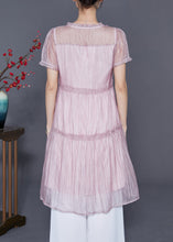 Load image into Gallery viewer, Cute Pink Ruffled Patchwork Silk A Line Dress Summer