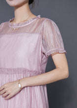 Load image into Gallery viewer, Cute Pink Ruffled Patchwork Silk A Line Dress Summer