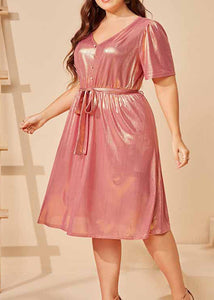 Cute Pink Tie Waist Solid Silk Holiday Maxi Dress Summer