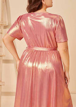 Load image into Gallery viewer, Cute Pink Tie Waist Solid Silk Holiday Maxi Dress Summer