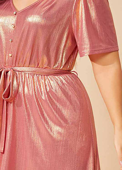 Cute Pink Tie Waist Solid Silk Holiday Maxi Dress Summer