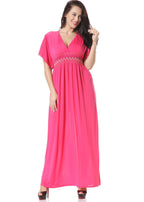 Cute Pink V Neck Wrinkled Patchwork Holiday Ice Silk Maxi Dress Short Sleeve