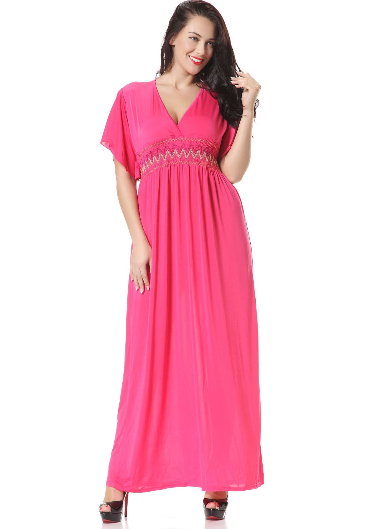 Cute Pink V Neck Wrinkled Patchwork Holiday Ice Silk Maxi Dress Short Sleeve