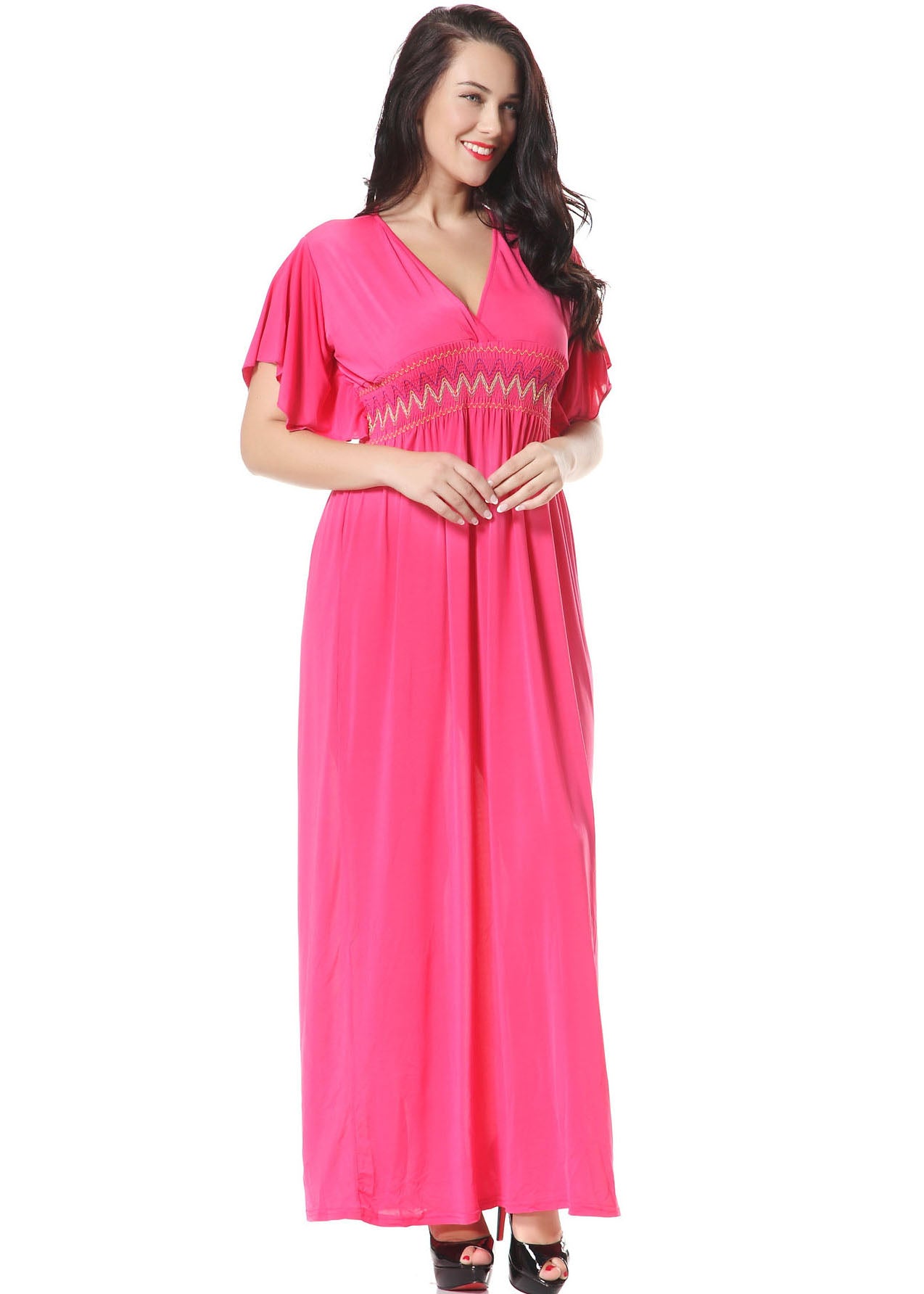 Cute Pink V Neck Wrinkled Patchwork Holiday Ice Silk Maxi Dress Short Sleeve