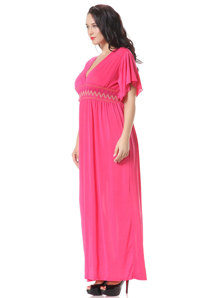 Cute Pink V Neck Wrinkled Patchwork Holiday Ice Silk Maxi Dress Short Sleeve