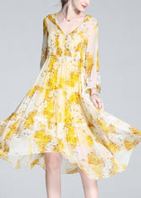 Load image into Gallery viewer, Cute Yellow V Neck Print Patchwork Button Silk Long Dress Spring