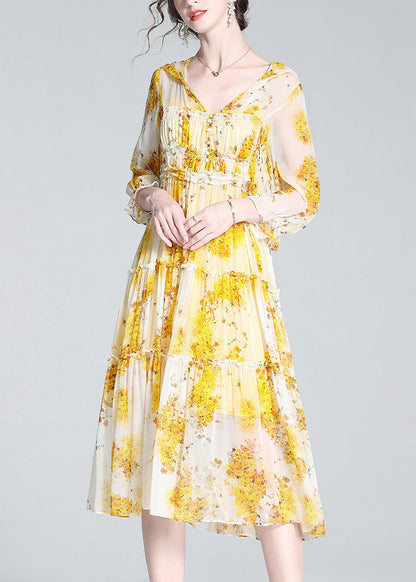 Cute Yellow V Neck Print Patchwork Button Silk Long Dress Spring
