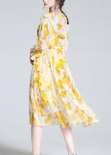 Load image into Gallery viewer, Cute Yellow V Neck Print Patchwork Button Silk Long Dress Spring