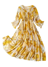 Load image into Gallery viewer, Cute Yellow V Neck Print Patchwork Button Silk Long Dress Spring