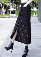 DIY Black Embroideried Button Fine Cotton Filled Skirt Winter