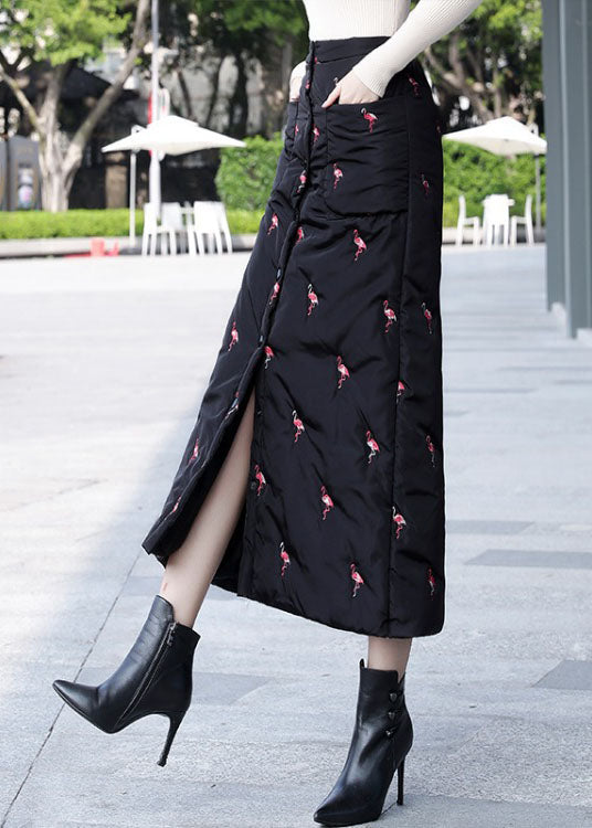 DIY Black Embroideried Button Fine Cotton Filled Skirt Winter